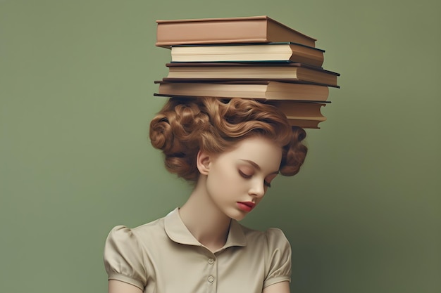 A woman with a stack of books on her head