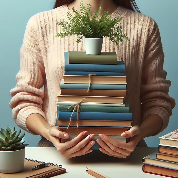 Foto donna con una pila di libri