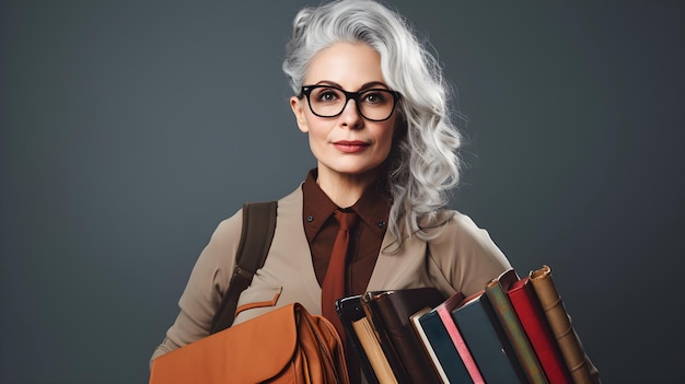 A woman with a stack of books