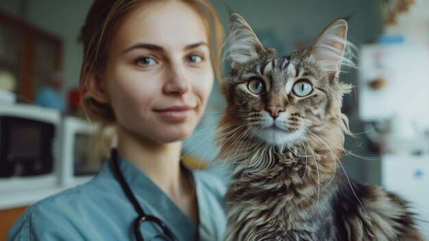 Woman With Stethoscope Examining Cat Generative AI