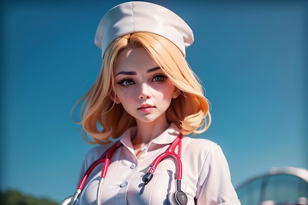 A woman with a stethoscope on her neck stands in front of a blue sky.