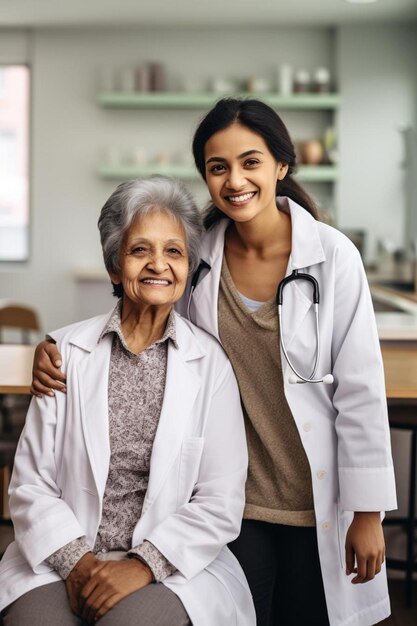 Photo a woman with a stethoscope on her neck stands next to an older woman