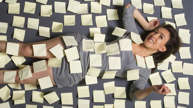 Woman with sticky empty notes on her