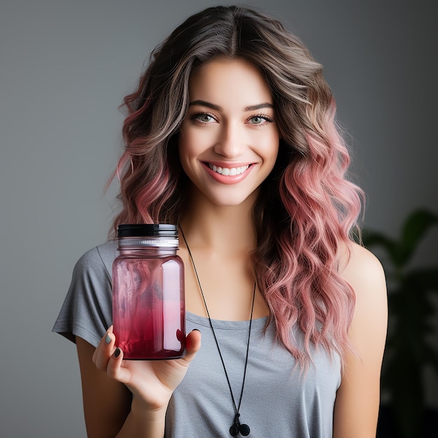 a woman with straight hair holds a jar of pink capsules in one hand on a white background