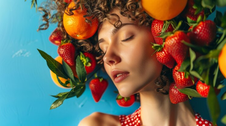 Фотография женщина с соломенной шляпой на голове с клубницами на голове