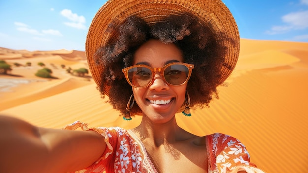 A woman with a straw hat and sunglasses is smiling at the camera