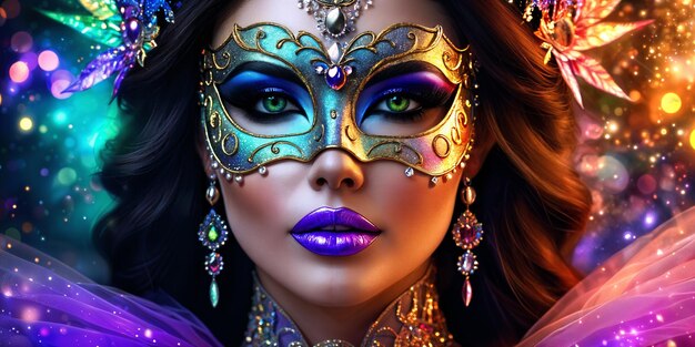 A woman with striking blue eyes and purple lips wearing a vibrant mask adorned with gold accents and feathers set against a colorful background filled with sparkles