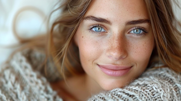 A woman with striking blue eyes up close