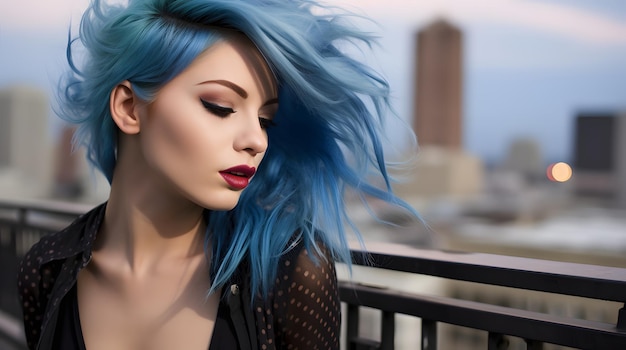 A woman with striking blue hair in a modern cut at an urban rooftop party her style edgy and bold