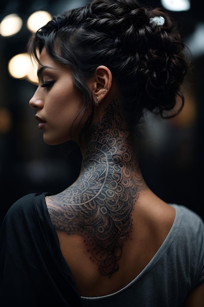 A woman with a striking neck tattoo