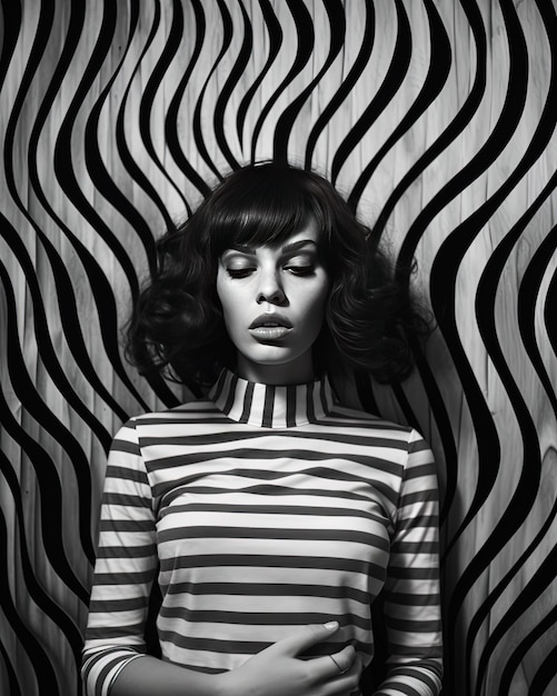a woman with a striped shirt is standing in front of a wall with a black and white picture of a woman in front of it.