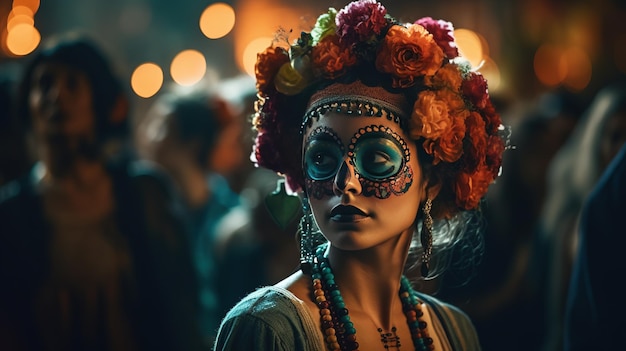 Женщина с лицом сахарного черепа и цветами на голове стоит в толпе.