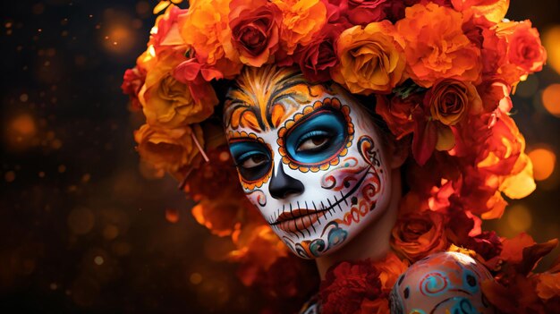 a woman with a sugar skull make up and flowers in her hair