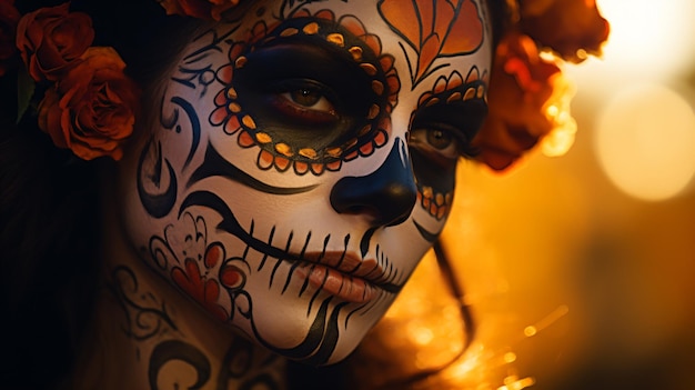 a woman with a sugar skull make up