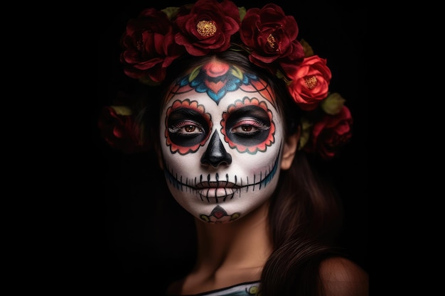 A woman with a sugar skull makeup for Cinco De Mayo and Da De Muertos