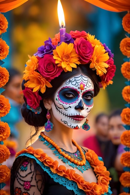 A woman with sugar skull makeup at the dia de los muertos parade