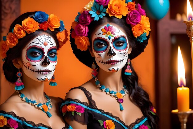 A woman with sugar skull makeup at the dia de los muertos parade