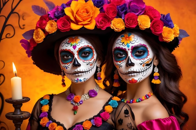 A woman with sugar skull makeup at the dia de los muertos parade