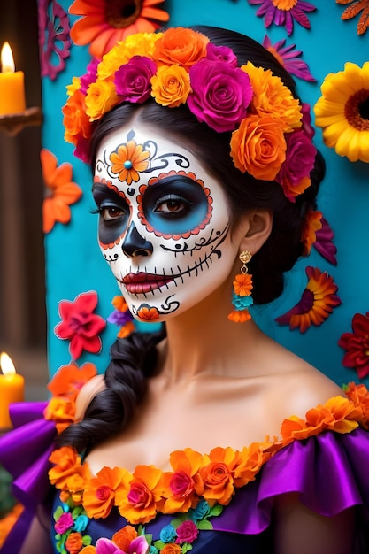 A woman with sugar skull makeup at the dia de los muertos parade