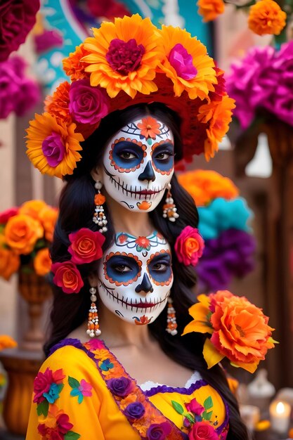 A woman with sugar skull makeup at the dia de los muertos parade