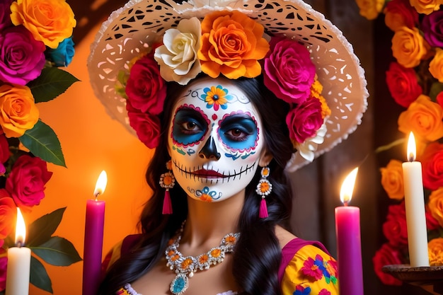 Photo a woman with sugar skull makeup at the dia de los muertos parade