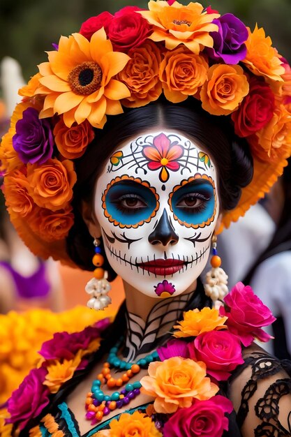 A woman with sugar skull makeup at the dia de los muertos parade