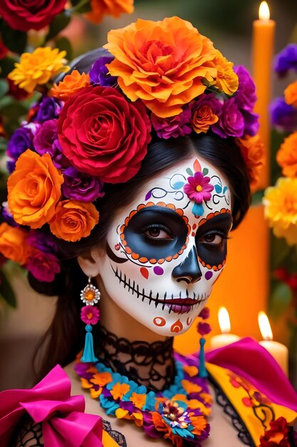 A woman with sugar skull makeup at the dia de los muertos parade