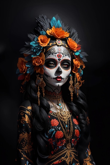 Женщина с сахарным черепом в рамке для макияжа с цветами и бабочками День мертвых Dia de los muertos