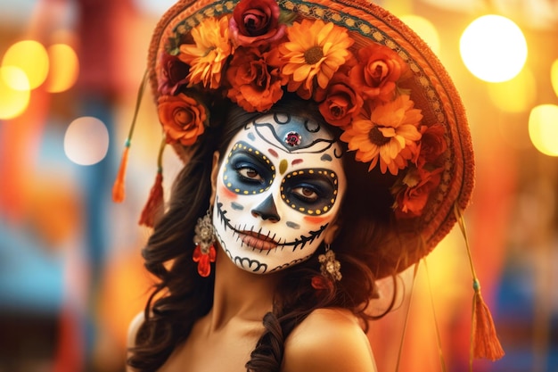 Woman with sugar skull makeup on her face Mexican holiday Dia de los Muertos or Day of the Dead