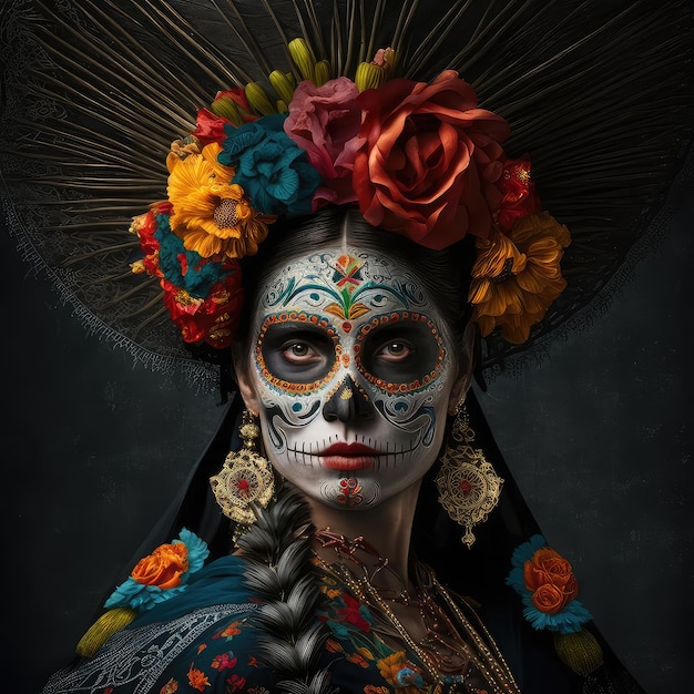 A woman with a sugar skull makeup on her face.