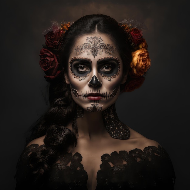 A woman with a sugar skull makeup on her face.