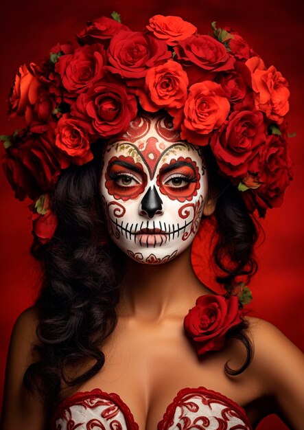 Woman with a sugar skull makeup with a wreath of flowers on her head Day of the Dead Red background