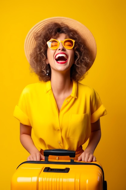 Photo woman with suitcase and hat on her head generative ai