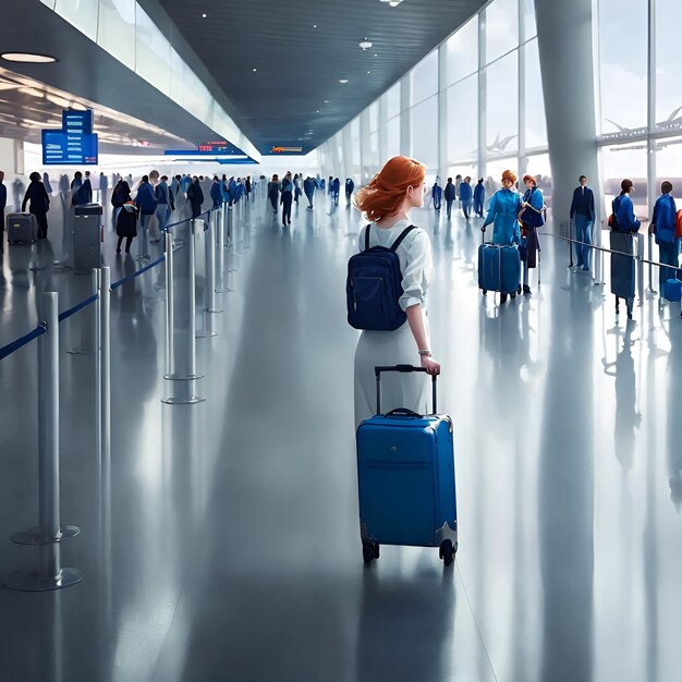 Woman with suitcase in international airport terminal Travel and tourism concept