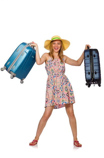 Woman with suitcase isolated
