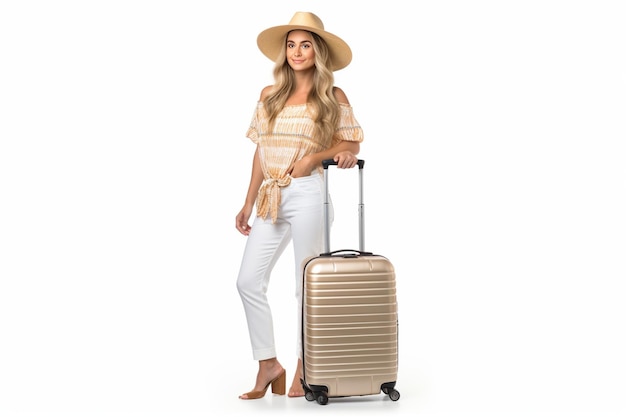 Woman with suitcase ready for summer travel isolated on white