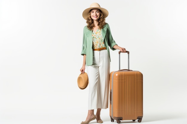 Woman with suitcase ready for summer travel isolated on white