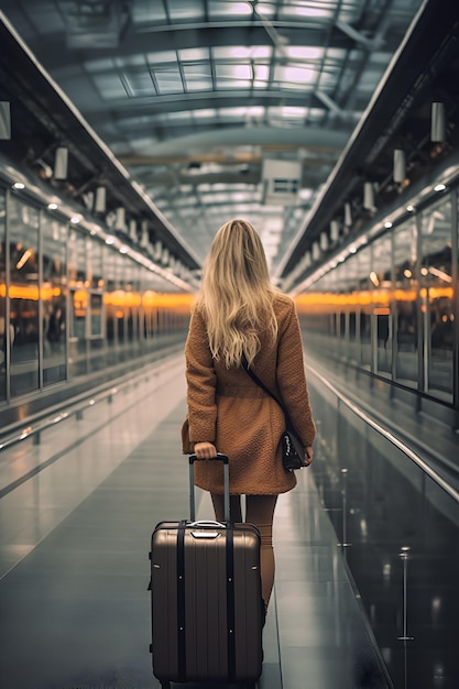 Foto una donna con una valigia cammina lungo un nastro trasportatore.