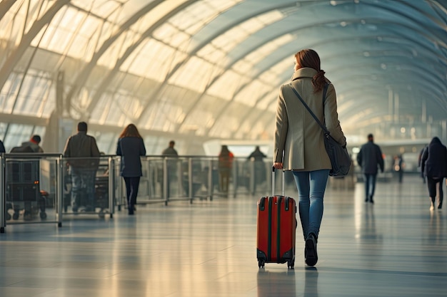 スーツケースを持った女性が空港の建物を歩いています