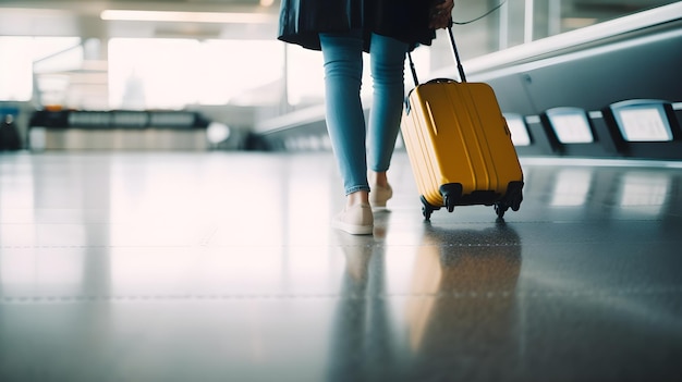 A woman with a suitcase walks through an airport.