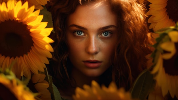 A woman with a sunflower in her hair