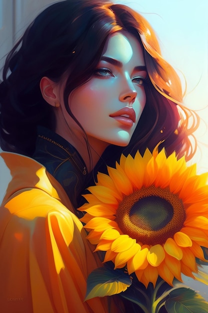 A woman with a sunflower on her head