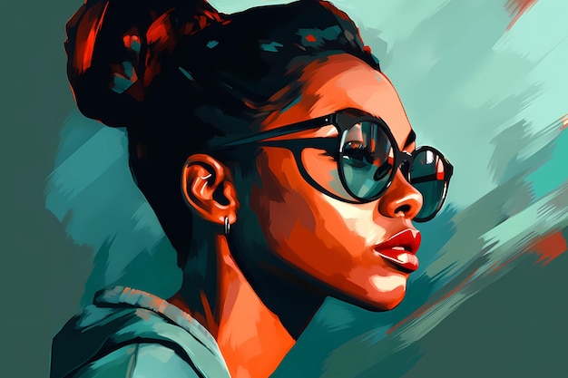 抽象的な青色の背景にサングラスをかけた女性