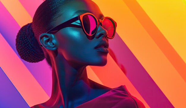 Woman with sunglasses and bun in front of multicolored background