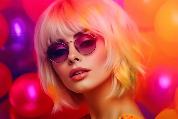 A woman with sunglasses on and a colorful background.