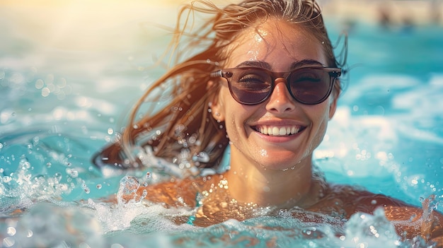 Woman with sunglasses enjoying in the pool