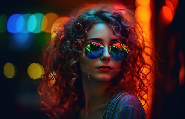 A woman with sunglasses in front of a colorful light