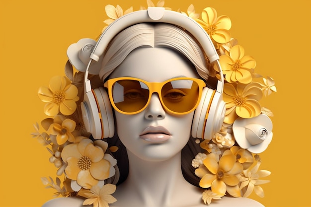 A woman with sunglasses and headphones in front of flowers