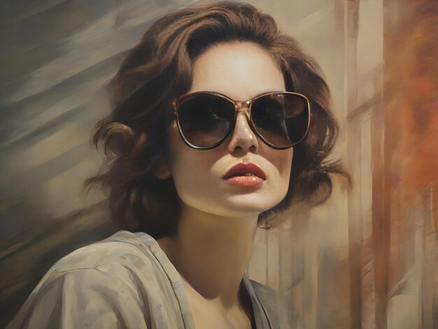 A woman with sunglasses on her face is shown in a painting