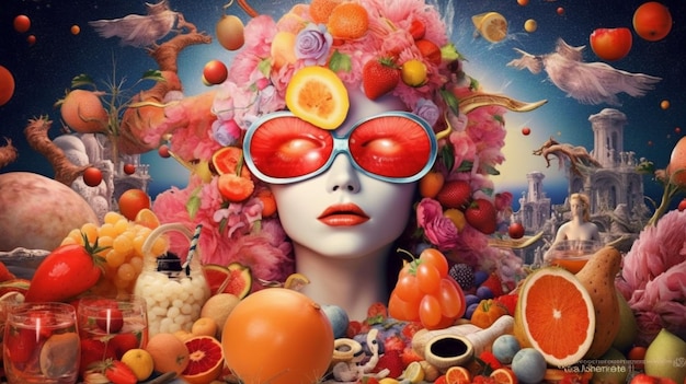 A woman with sunglasses and a picture of food on her face